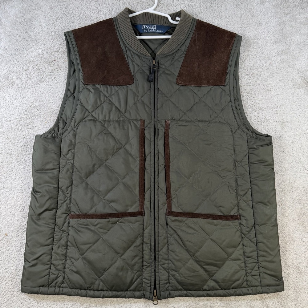 VTG Polo Ralph Lauren Vest Mens Medium Green Quilted Shooting Suede Leather Zip